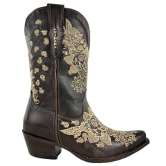 Bota Texana Feminina Vimar Boots Bico Fino Cano Médio Couro Savana Bordado Flores Bege Sola Luchese -00