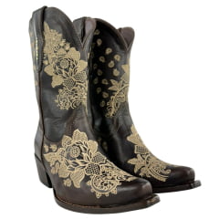 Bota Texana Feminina Vimar Boots Bico Fino Cano Médio Couro Savana Bordado Flores Bege Sola Luchese -00