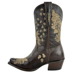 Bota Texana Feminina Vimar Boots Bico Fino Cano Médio Couro Savana Bordado Flores Bege Sola Luchese -00