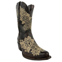 Bota Texana Feminina Vimar Boots Bico Fino Cano Médio Couro Savana Bordado Flores Bege Sola Luchese -00