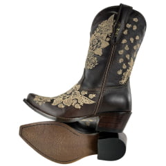 Bota Texana Feminina Vimar Boots Bico Fino Cano Médio Couro Savana Bordado Flores Bege Sola Luchese -00