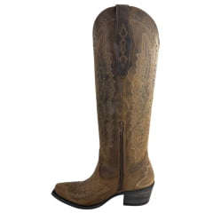 Bota Texana Feminina Vimar Boots Bico Fino Couro Fóssil Caramelo Bordado Sola Luchese Rústica Ref 10243