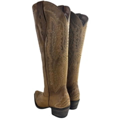 Bota Texana Feminina Vimar Boots Bico Fino Couro Fóssil Caramelo Bordado Sola Luchese Rústica Ref 10243
