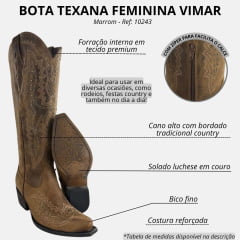 Bota Texana Feminina Vimar Boots Bico Fino Couro Fóssil Caramelo Bordado Sola Luchese Rústica Ref 10243