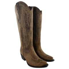 Bota Texana Feminina Vimar Boots Bico Fino Couro Fóssil Caramelo Bordado Sola Luchese Rústica Ref 10243