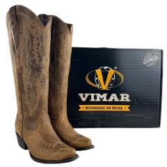 Bota Texana Feminina Vimar Boots Bico Fino Couro Fóssil Caramelo Bordado Sola Luchese Rústica Ref 10243