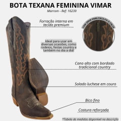 Bota Texana Feminina Vimar Boots Bico Fino Couro Fóssil Castanho Bordado Sola Luchese Natural Ref 10239