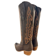 Bota Texana Feminina Vimar Boots Bico Fino Couro Fóssil Castanho Bordado Sola Luchese Natural Ref 10239