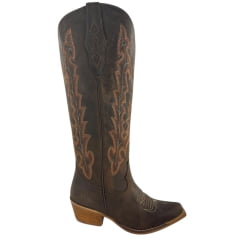 Bota Texana Feminina Vimar Boots Bico Fino Couro Fóssil Castanho Bordado Sola Luchese Natural Ref 10239