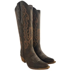 Bota Texana Feminina Vimar Boots Bico Fino Couro Fóssil Castanho Bordado Sola Luchese Natural Ref 10239