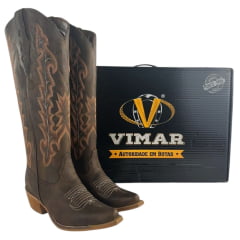 Bota Texana Feminina Vimar Boots Bico Fino Couro Fóssil Castanho Bordado Sola Luchese Natural Ref 10239