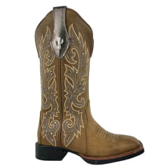 Bota Texana Feminina Vimar Boots Bico Quadrado Couro Fóssil Metal Com Bordado Tachinha Sola VTS VO15F2 Ref:13279