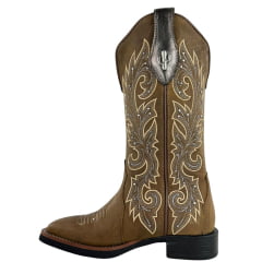 Bota Texana Feminina Vimar Boots Bico Quadrado Couro Fóssil Metal Com Bordado Tachinha Sola VTS VO15F2 Ref:13279