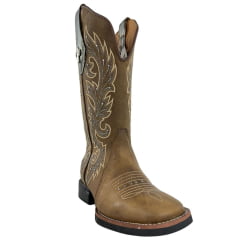 Bota Texana Feminina Vimar Boots Bico Quadrado Couro Fóssil Metal Com Bordado Tachinha Sola VTS VO15F2 Ref:13279