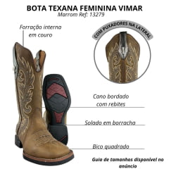 Bota Texana Feminina Vimar Boots Bico Quadrado Couro Fóssil Metal Com Bordado Tachinha Sola VTS VO15F2 Ref:13279