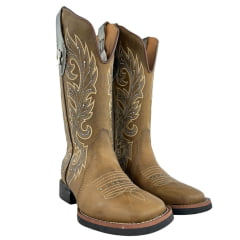 Bota Texana Feminina Vimar Boots Bico Quadrado Couro Fóssil Metal Com Bordado Tachinha Sola VTS VO15F2 Ref:13279