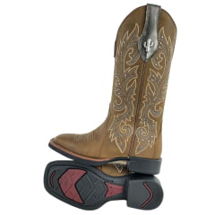 Bota Texana Feminina Vimar Boots Bico Quadrado Couro Fóssil Metal Com Bordado Tachinha Sola VTS VO15F2 Ref:13279