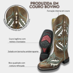 Bota Texana Feminina Vimar Boots Bico Quadrado Hoper Fossil Castanho Bordado Verde/Branco R.13224