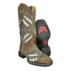 Bota Texana Feminina Vimar Boots Bico Quadrado Hoper Fossil Castanho Bordado Verde/Branco R.13224