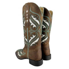 Bota Texana Feminina Vimar Boots Bico Quadrado Hoper Fossil Castanho Bordado Verde/Branco R.13224