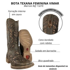 Bota Texana Feminina Vimar Boots Bico Quadrado Rock Areia Metal Com Bordado a Lazer Sola Magnum Voo Ref:13270