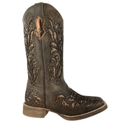 Bota Texana Feminina Vimar Boots Bico Quadrado Rock Areia Metal Com Bordado a Lazer Sola Magnum Voo Ref:13270