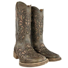 Bota Texana Feminina Vimar Boots Bico Quadrado Rock Areia Metal Com Bordado a Lazer Sola Magnum Voo Ref:13270