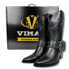 Bota Texana Feminina Vimar Cano Médio Bico Fino Preto Sola Toscana -Vo Com Detalhe Em Fivela Ref: 11232