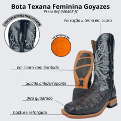 Bota Texana Feminina Goyazes Bico Quadrado Couro Preto Ranch Jacaré Barriga Couro Mustang Preto Ref: 246408-JC