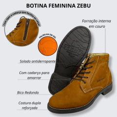 Botina Coturno Feminino Zebu Bico Redondo Nobuck Castor Solado Preto Ref.63080 NB09