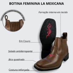 Botina Country Feminina La Mexicana Bico Quadrado Couro Dalla Terra Com Bordado Florão Sola Luna Preta Ref.179025