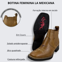 Botina Country Feminina La Mexicana Bico Quadrado Couro Dallas Caramelo Com Bordado Florão Sola Luna Preta Ref.179026