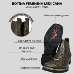 Botina Country Feminina Mexicana Bico Quadrado Couro Dallas Café Bronze C/ Bordado Brilho Sola Preta Ref:179016