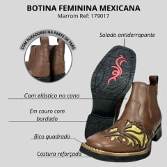 Botina Country Feminina Mexicana Bico Quadrado Couro Floater Terra Ouro C/ Bordado Brilho Apaluza Preto Ref:179017