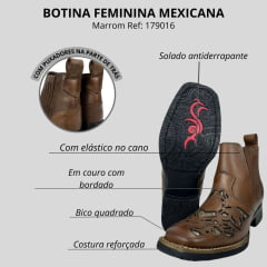 Botina Country Feminina Mexicana Marrom Couro Dallas Bronze Sola Luna C/ Recortes E Brilho Ref:179016