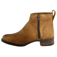Botina Feminina Beretta Bico Redondo Couro Fóssil Castor Zíper Estribo Solado Montana Ref:3060