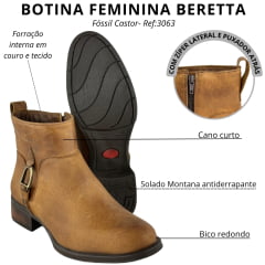 Botina Feminina Beretta Bico Redondo Couro Fóssil Castor Zíper Estribo Solado Montana Ref:3060