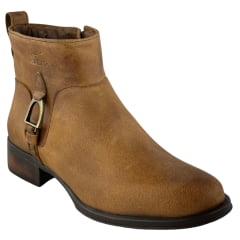 Botina Feminina Beretta Bico Redondo Couro Fóssil Castor Zíper Estribo Solado Montana Ref:3060