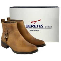 Botina Feminina Beretta Bico Redondo Couro Fóssil Castor Zíper Estribo Solado Montana Ref:3060