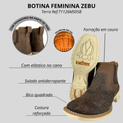 Botina Feminina Zebu Bico Quadrado Couro Mutang Terra Com Bordado Flor Solado Branco Ref:71126MS05B