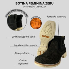 Botina Feminina Zebu Bico Quadrado Couro Nobuck Com Bordado Flor Solado Branco Ref:71126NB01B