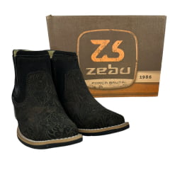 Botina Feminina Zebu Bico Quadrado Couro Nobuck Preto Entalhado Flores e Solado Preto Ref.71126 NB01