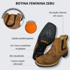 Botina Feminina Zebu Bico Quadrado Mustang Conhaque Entalhado Flores Ref.71126 MS10