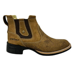 Botina Feminina Zebu Bico Quadrado Nobuck Areia Entalhado Flores Ref.71126 NB08