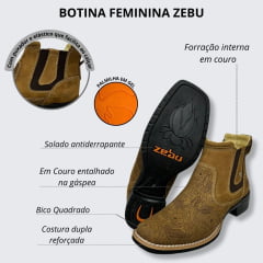 Botina Feminina Zebu Bico Quadrado Nobuck Areia Entalhado Flores Ref.71126 NB08