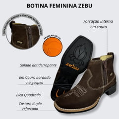 Botina Feminina Zebu Bico Quadrado Nobuck Café Com Bordado Florão e Zíper Lateral Ref.71030 NB02