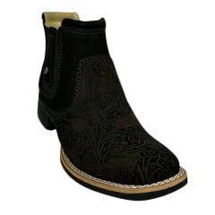 Botina Feminina Zebu Bico Quadrado Nobuck Preto Entalhado Flores Ref.71125 NB01