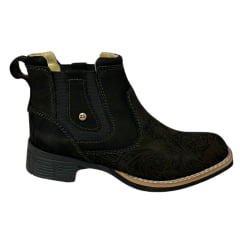 Botina Feminina Zebu Bico Quadrado Nobuck Preto Entalhado Flores Ref.71125 NB01