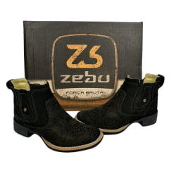 Botina Feminina Zebu Bico Quadrado Nobuck Preto Entalhado Flores Ref.71125 NB01