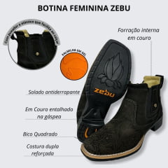 Botina Feminina Zebu Bico Quadrado Nobuck Preto Entalhado Flores Ref.71125 NB01